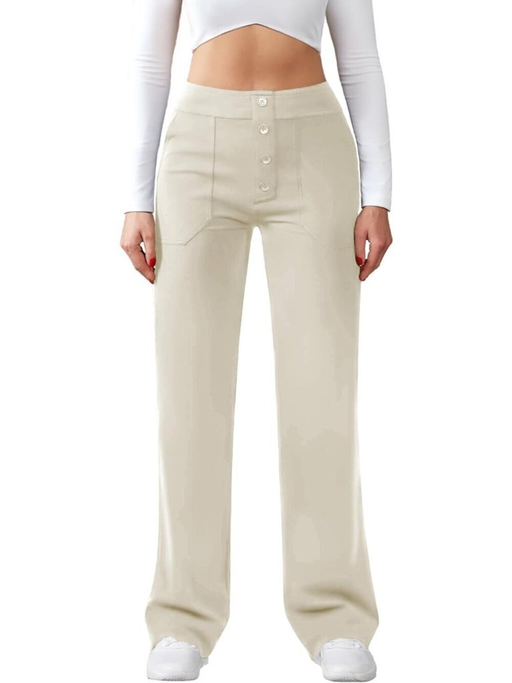Women's Khaki Casual High Waist Straight Leg Stretchy Button Dress Pants